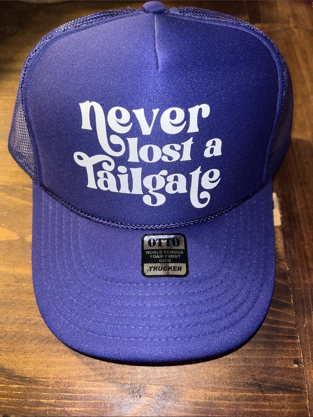 NWT OTTO Purple Women’s Trucker Hat with 'Never Lost a Tailgate' Print